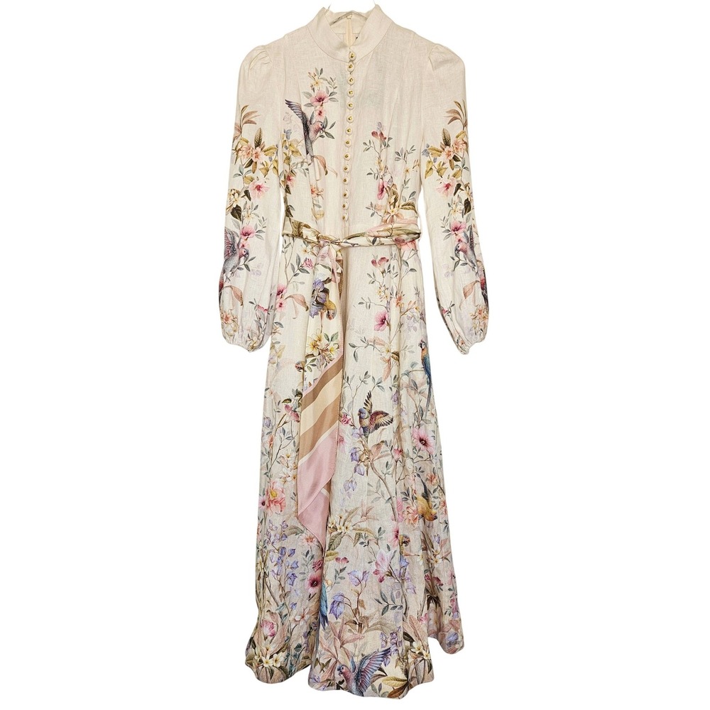Zimmermann Rebellion Button Midi Dress Cream Aviary Linen Silk Belted Size US 4 - Picture 6 of 16